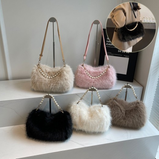 Bolsos de hombro de moda de otoño e invierno, bolso cruzado con cadena de perlas, bolso versátil para el día a día, bolso de felpa para mujer.