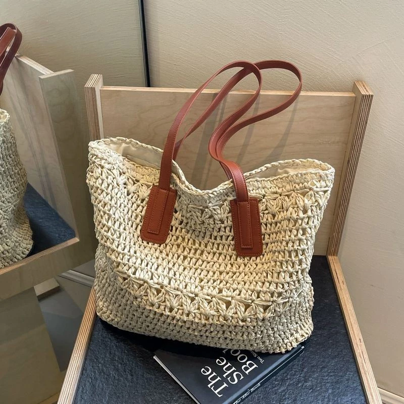 Bolso de paja francés tejido, estilo étnico, color liso, gran capacidad.