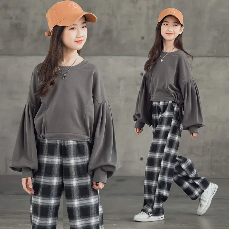 Trajes de niña estilo occidental ropa infantil coreana pantalones a cuadros de moda niños grandes
