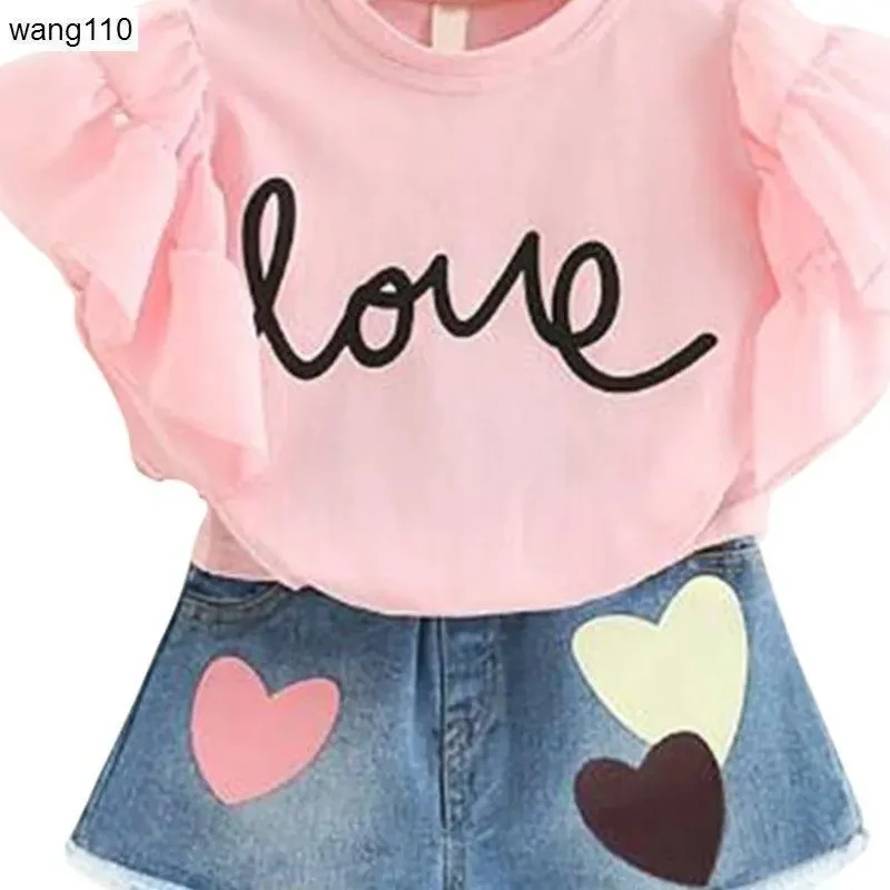 Conjuntos de ropa de verano para niñas, 2 piezas, camiseta y pantalones con agujeros