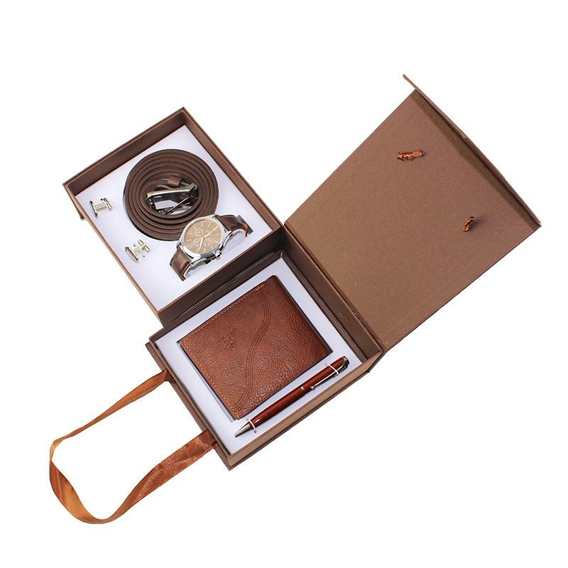 Conjunto de relojes de pulsera de cuarzo para hombre, con caja de regalo creativa, cinturón, billetera, gemelos y bolígrafo, ideal como regalo de Navidad y San Valentín.
