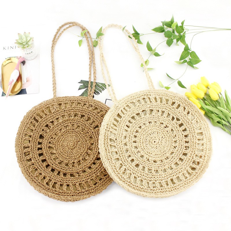 Bolso de playa tejido informal con cordón de papel y flores para mujer
