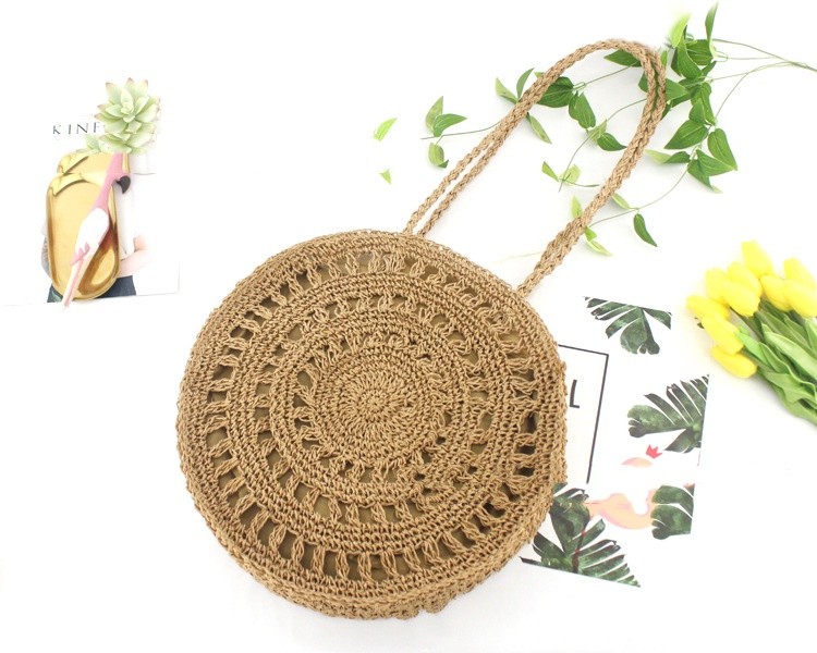 Bolso de playa tejido informal con cordón de papel y flores para mujer