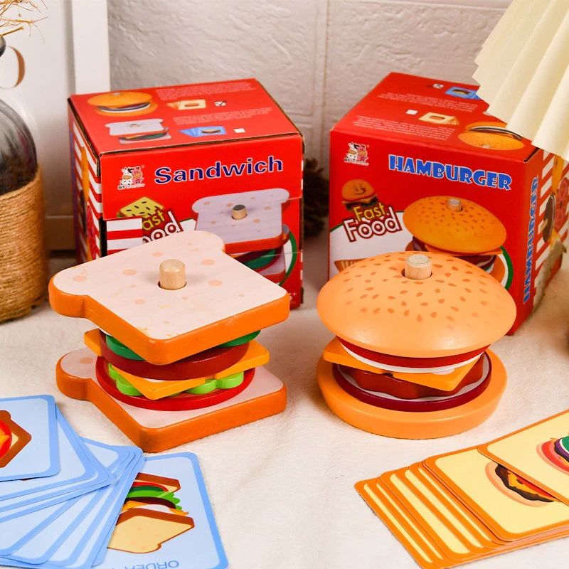 Juguetes de madera de comida rápida: hamburguesa y sándwich - Juguetes de madera educativos / Juguetes de estimulación infantil