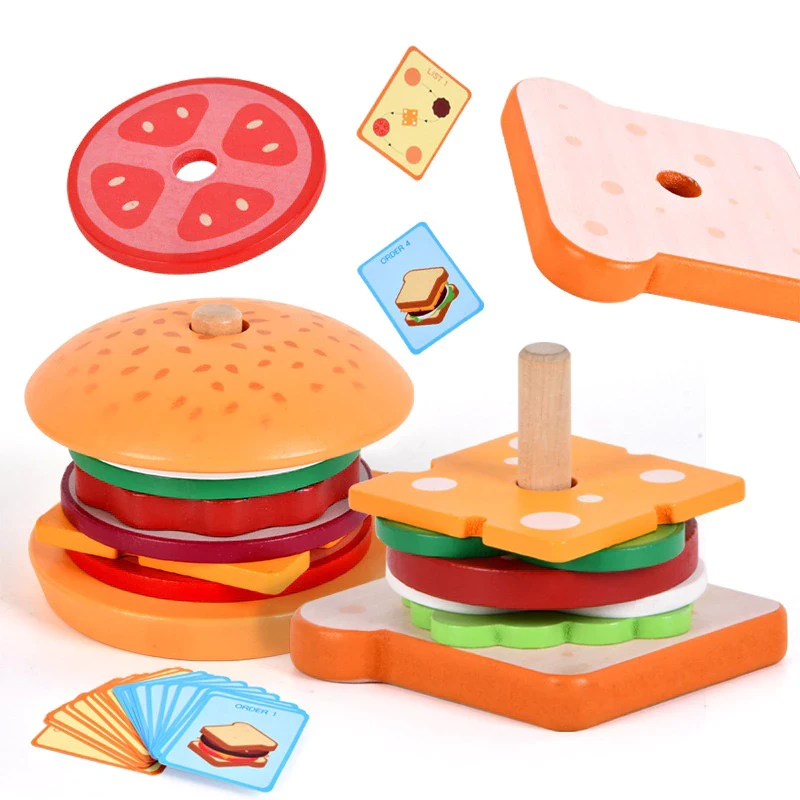 Juguetes de madera de comida rápida: hamburguesa y sándwich - Juguetes de madera educativos / Juguetes de estimulación infantil