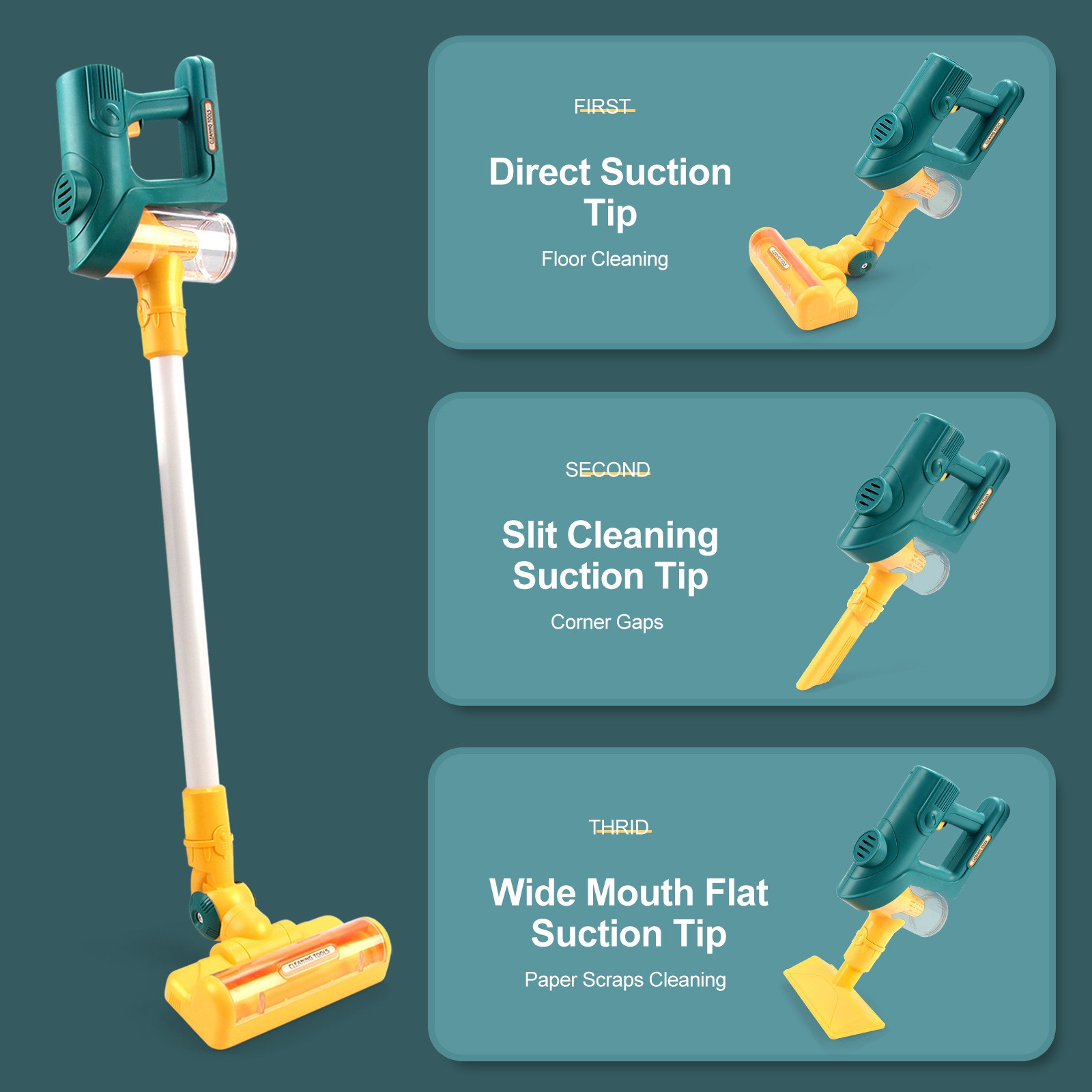 Los niños juegan a la casa, limpian los juguetes de la aspiradora