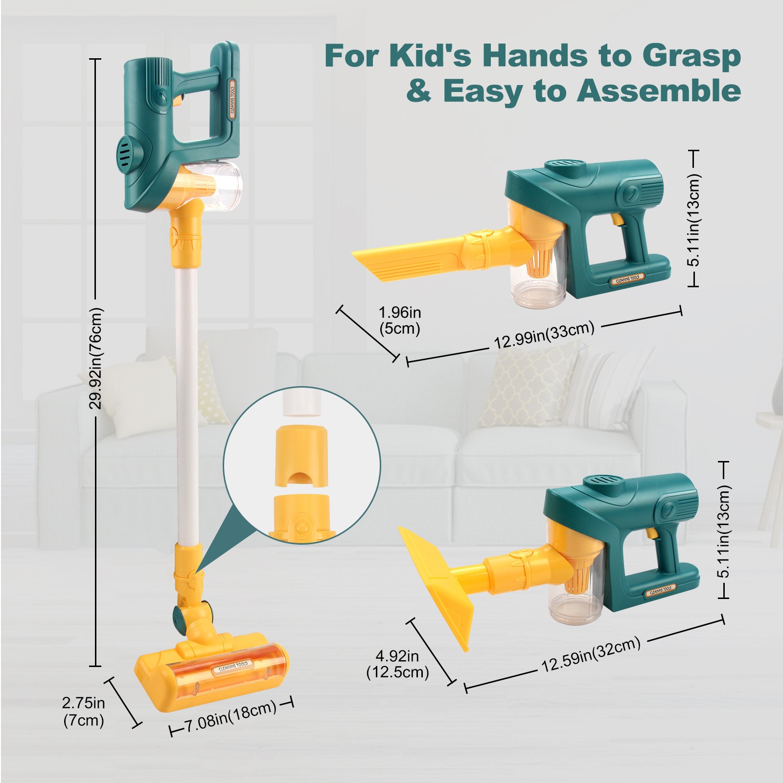 Los niños juegan a la casa, limpian los juguetes de la aspiradora