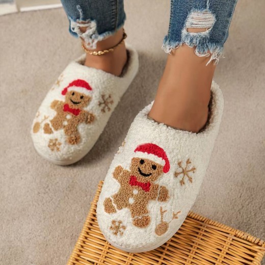 Pantuflas navideñas de jengibre y copos de nieve para mujer, antideslizantes, para el hogar, para el invierno