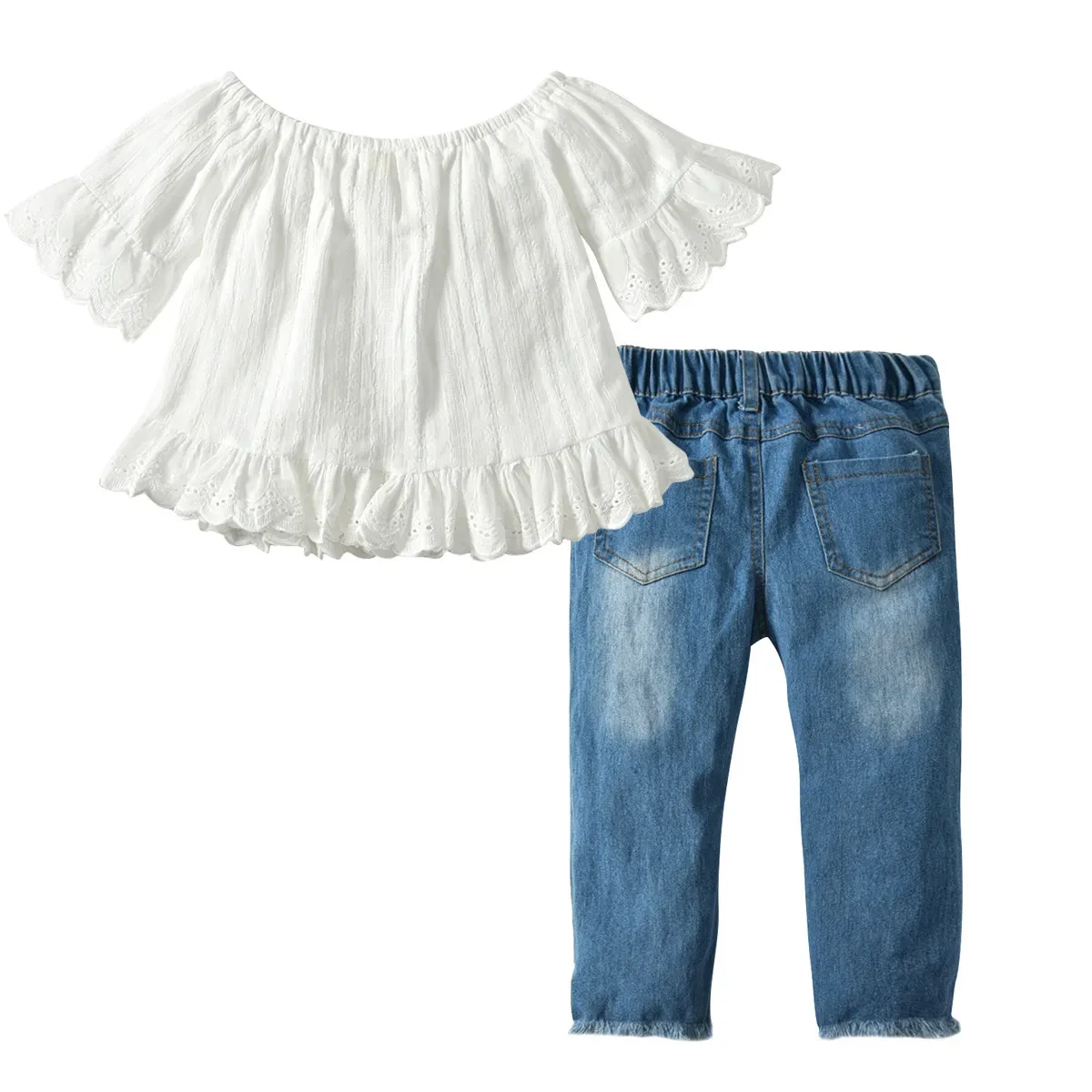 Conjunto de jeans con encaje y perlas para niñas