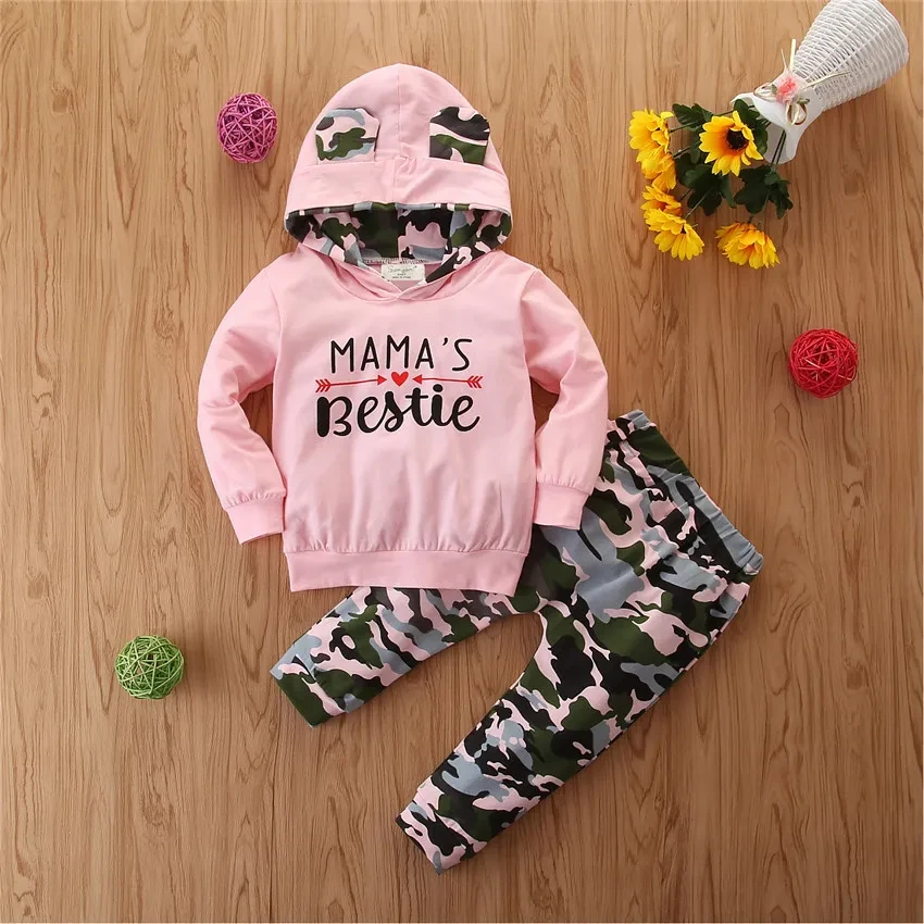 Suéter con capucha para niña, traje pequeño de primavera y otoño, conjunto de 2 piezas con estampado de camuflaje para bebé.