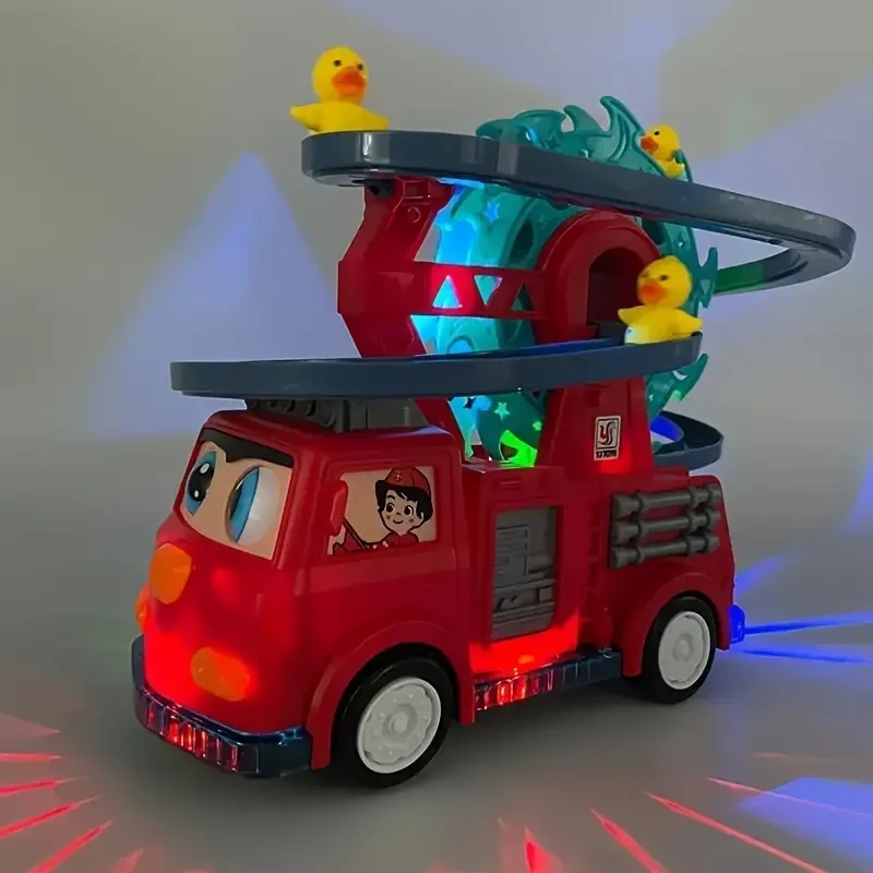 Camión de bomberos con luces y música, tobogán con forma de patito, noria giratoria, coche de juguete, regalo perfecto para cumpleaños, Halloween y Navidad.