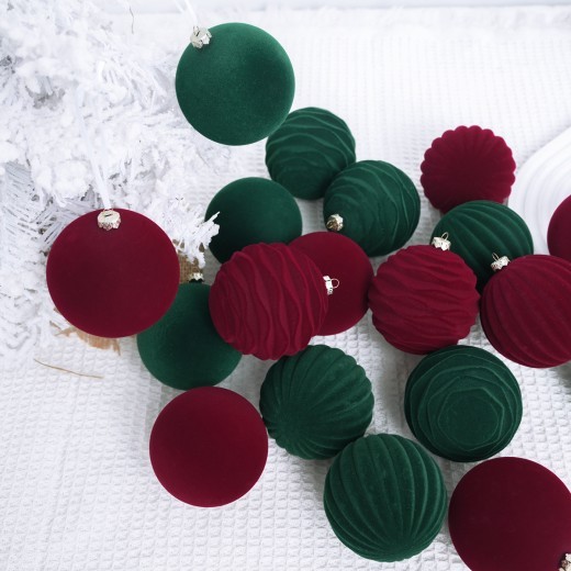 Bola de Navidad flocada, colgante para árbol de Navidad, color vino tinto, verde oscuro, bolas de Navidad flocadas, decoraciones navideñas