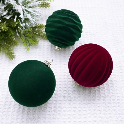 Bola de Navidad flocada, colgante para árbol de Navidad, color vino tinto, verde oscuro, bolas de Navidad flocadas, decoraciones navideñas