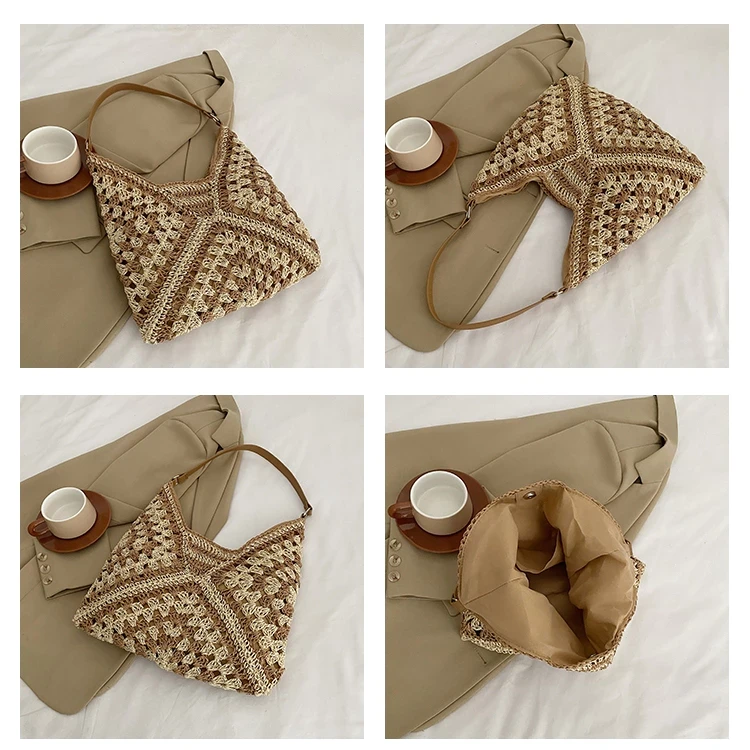 Bolso bandolera de un solo hombro, bolso de playa para mujer, bolso de playa hueco de mano, bolso de playa tejido con cuerda de algodón.