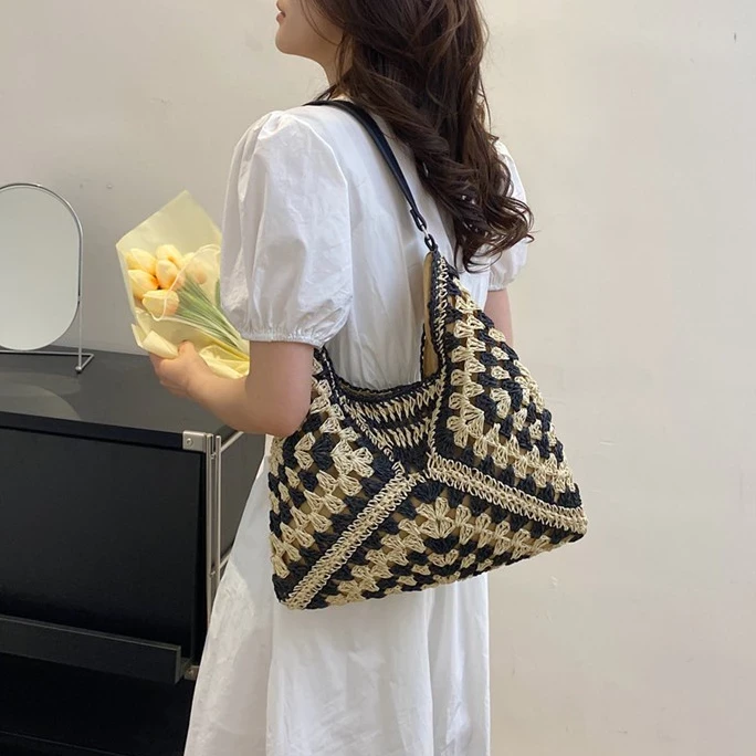 Bolso bandolera de un solo hombro, bolso de playa para mujer, bolso de playa hueco de mano, bolso de playa tejido con cuerda de algodón.