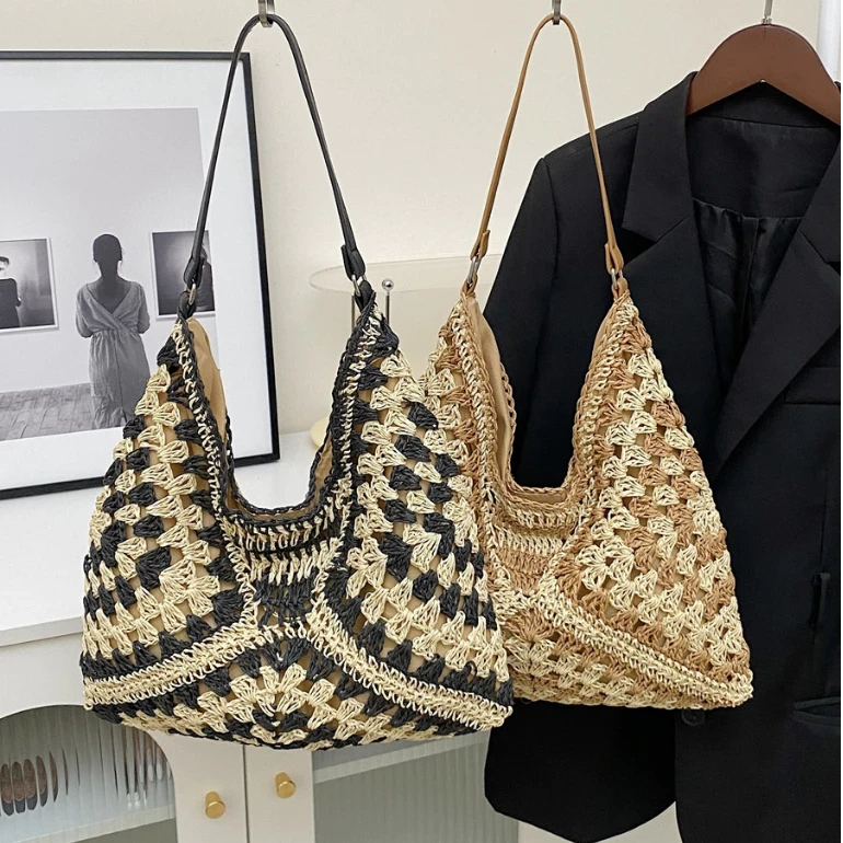 Bolso bandolera de un solo hombro, bolso de playa para mujer, bolso de playa hueco de mano, bolso de playa tejido con cuerda de algodón.