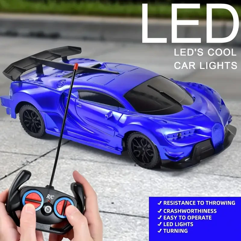 Coche de juguete con control remoto azul para niños mayores de 3 años. Funciona con pilas, plástico resistente, control por botones, diseño sedán. Regalo perfecto para niños y niñas.