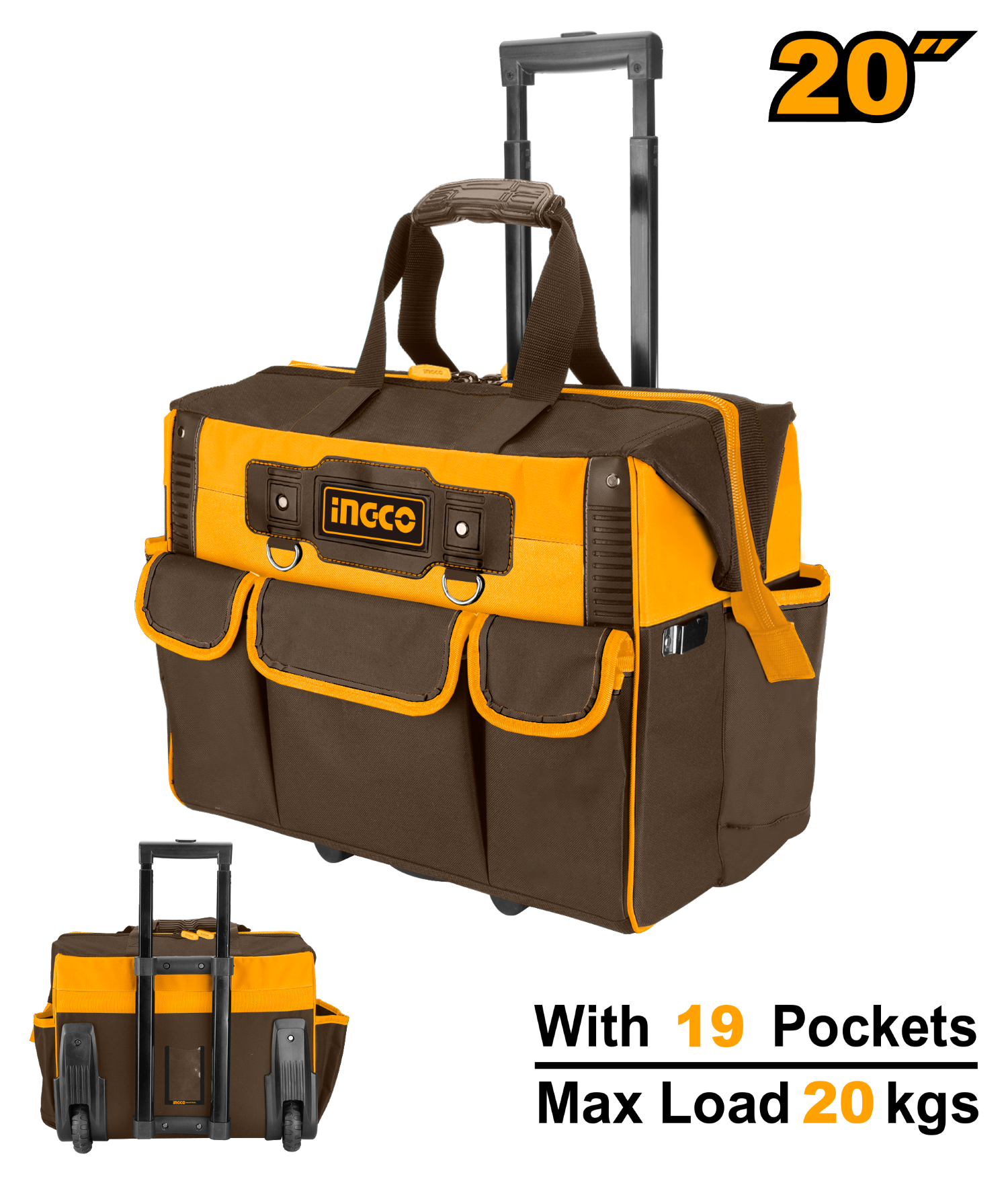 Bolsa de herramientas rígida con ruedas, 19 bolsillos, 20