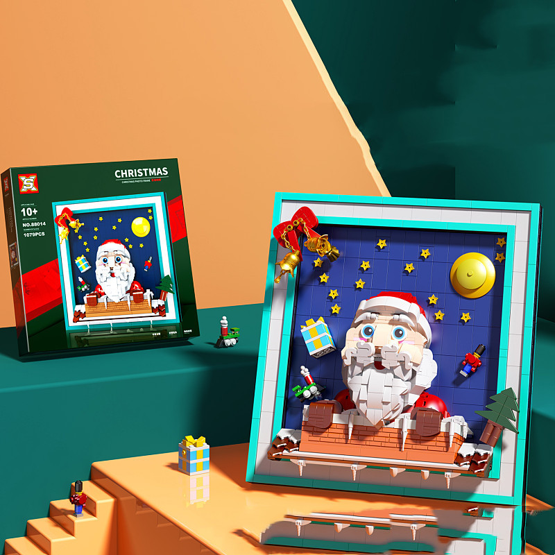 Marco de fotos navideño con partÃculas pequeñas, rompecabezas, bloques de construcción, juguetes para niños