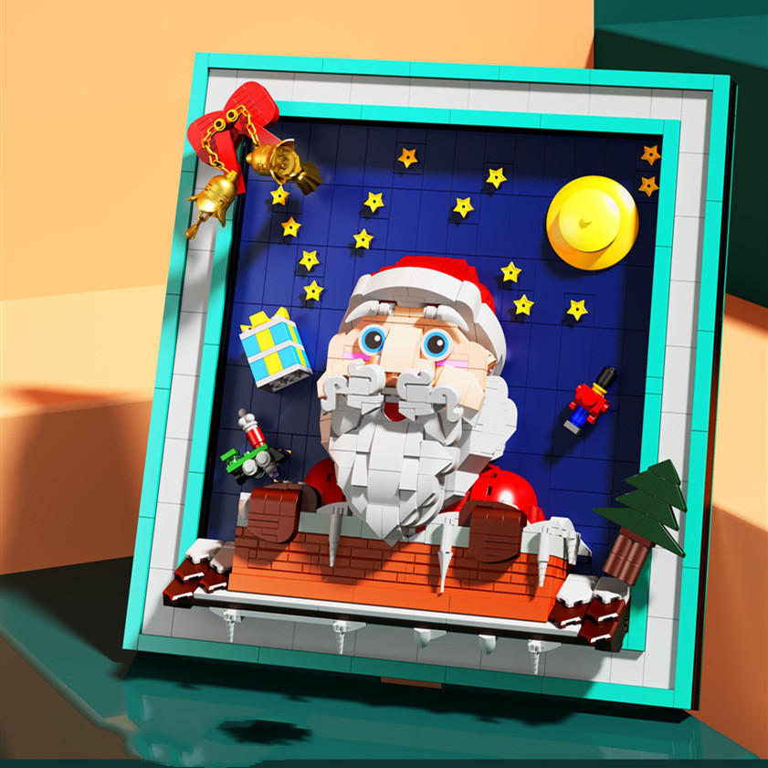 Marco de fotos navideño con partículas pequeñas, rompecabezas, bloques de construcción, juguetes para niños