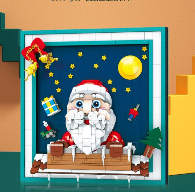 Marco de fotos navideño con partículas pequeñas, rompecabezas, bloques de construcción, juguetes para niños