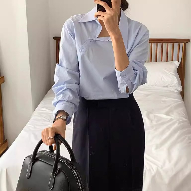 Camisa holgada de manga larga de color liso a juego para mujer