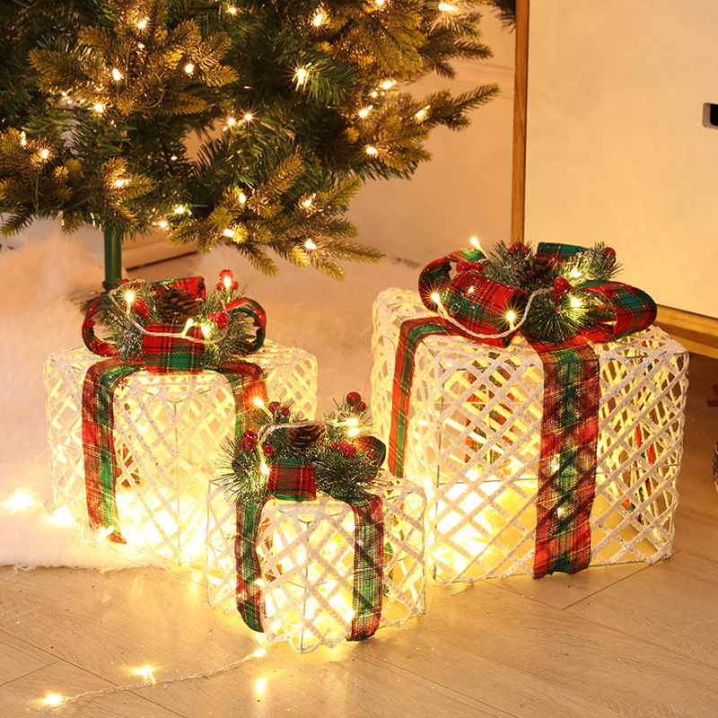 Caja de regalo navideña de hierro forjado, adorno navideño blanco cálido, juego de tres piezas con caja de batería, cajas de cadena de luces navideñas