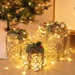 Caja de regalo navideña de hierro forjado, adorno navideño blanco cálido, juego de tres piezas con caja de batería, cajas de cadena de luces navideñas