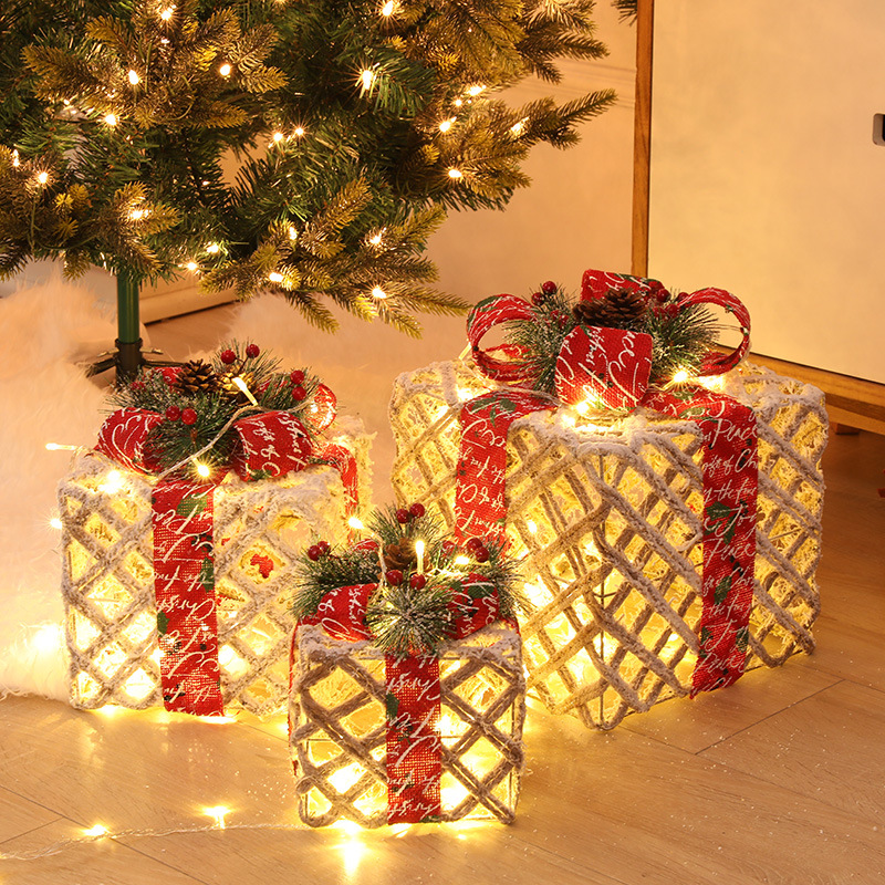 Caja de regalo navideña de hierro forjado, adorno navideño blanco cálido, juego de tres piezas con caja de batería, cajas de cadena de luces navideñas