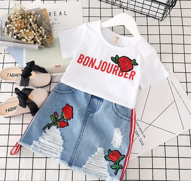Ropa para niños, camiseta blanca, falda vaquera, 2 piezas, trajes para niñas