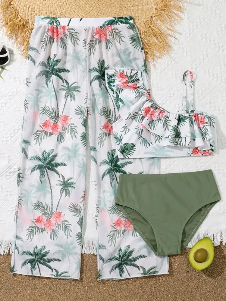 Traje de baño de tres piezas con pantalones de gasa voladora para niñas