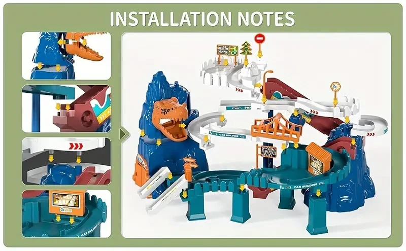 Para niños de 3, 4, 5, 6 y 7 años, juego de pista de carreras de dinosaurios, rampa de coche, minicoche, pista de montaña