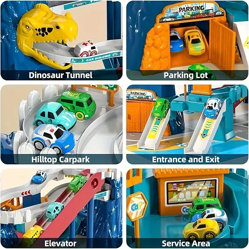 Para niños de 3, 4, 5, 6 y 7 años, juego de pista de carreras de dinosaurios, rampa de coche, minicoche, pista de montaña