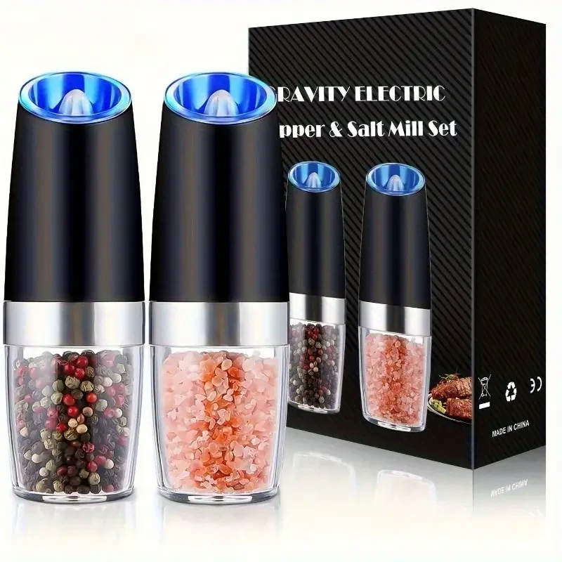 Juego de 2 molinillos eléctricos de pimienta y sal, grosor ajustable, alimentación por gravedad, funciona con pilas y luz LED, de acero inoxidable, apto para contacto con alimentos, funciona con 3 pilas AA (no incluidas).
