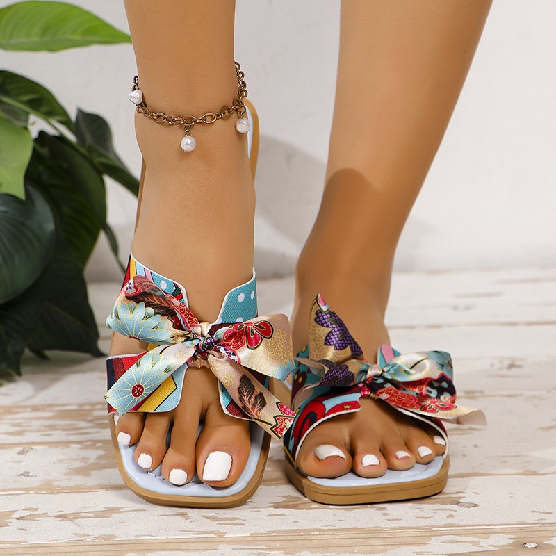 Sandalias con lazo de cinta, nuevas sandalias de verano con punta cuadrada y tacón bajo para mujer, sandalias casuales de moda para playa.