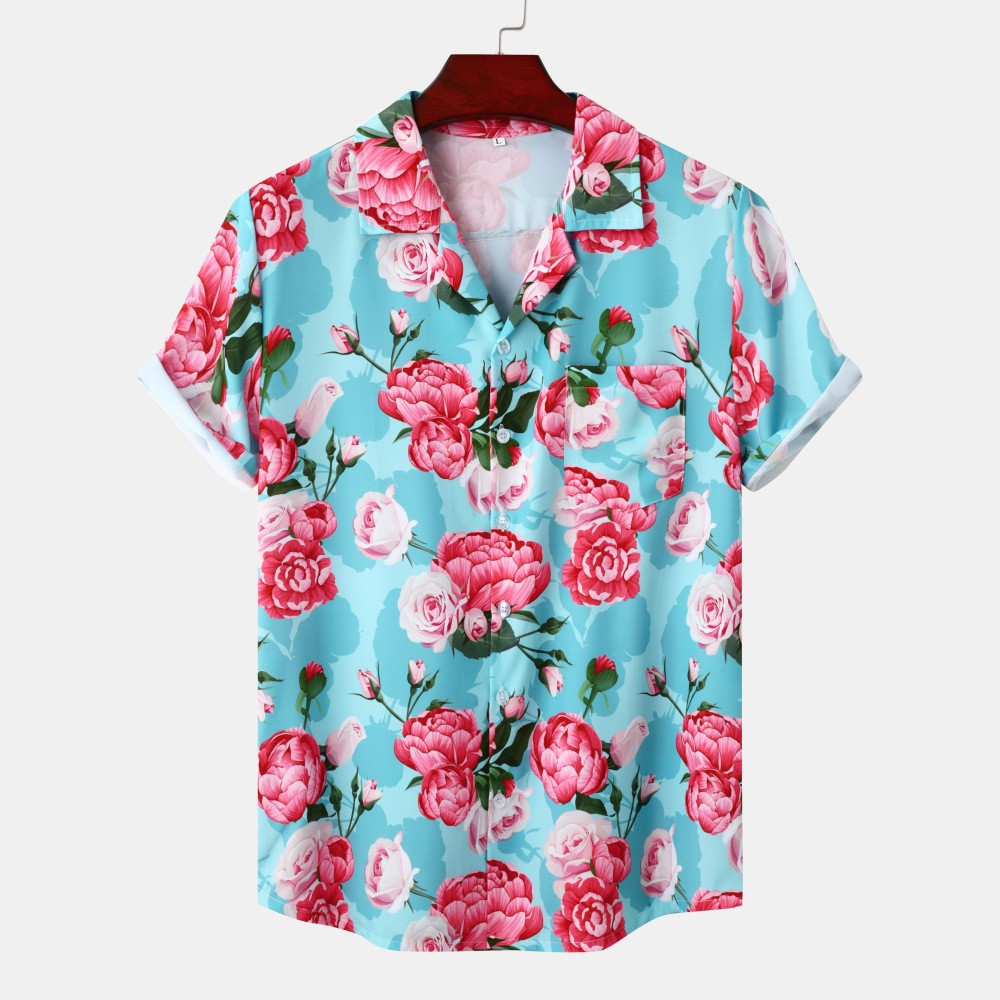 Camisa estampada de seda helada Hawaii Beach para hombre