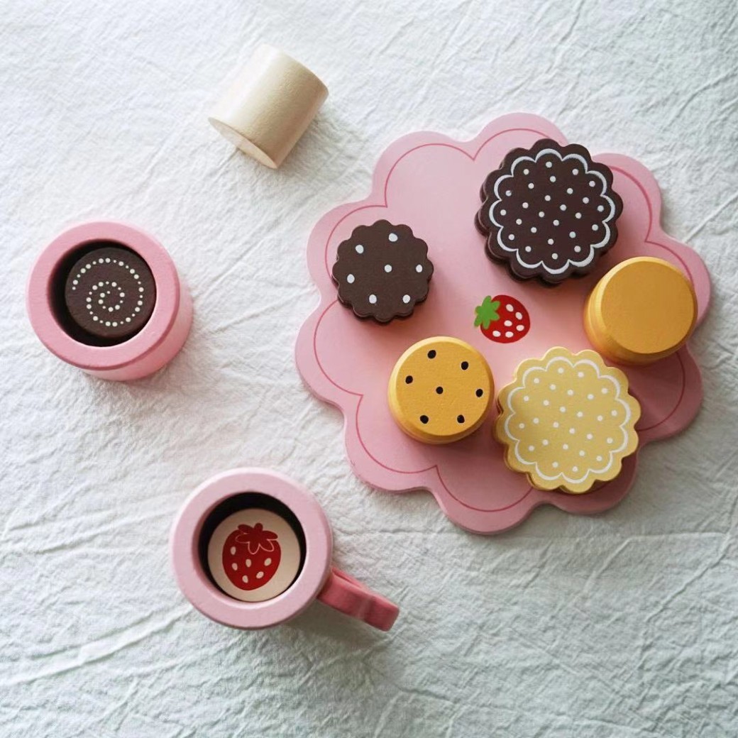 Tetera, pastel de cumpleaños, cafetera, juguetes de madera para niños