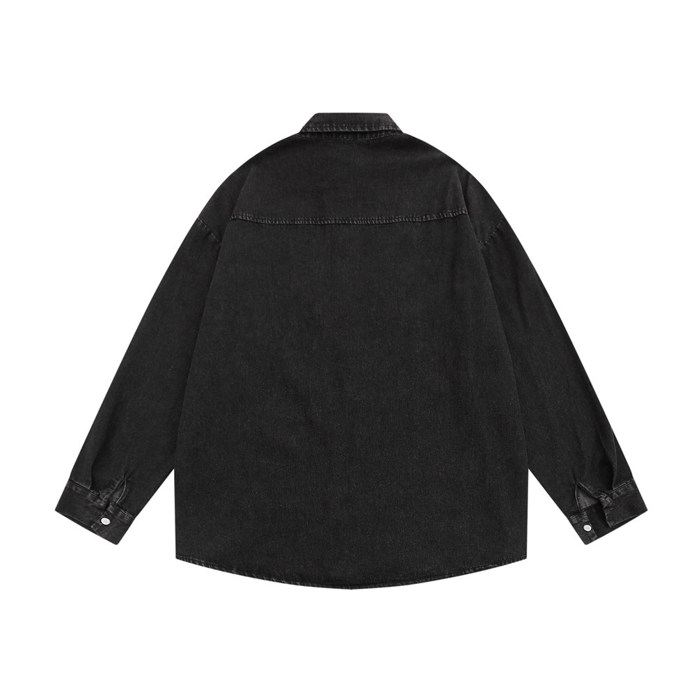 Camisa vaquera lavada de manga larga con bordado floral, abrigo holgado informal con cuello polo