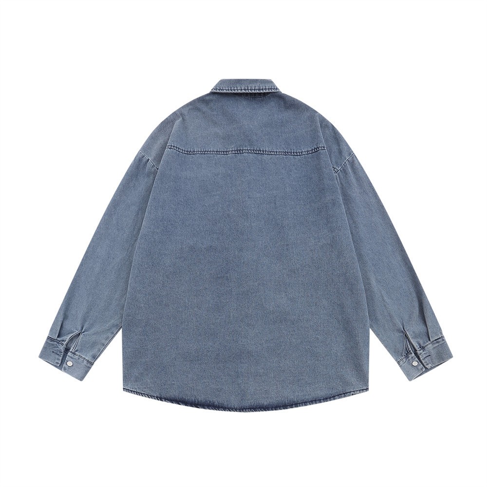 Camisa vaquera lavada de manga larga con bordado floral, abrigo holgado informal con cuello polo