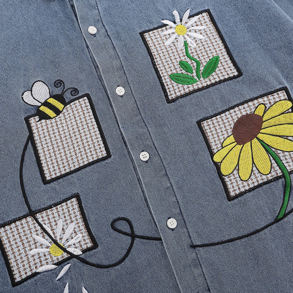 Camisa vaquera lavada de manga larga con bordado floral, abrigo holgado informal con cuello polo