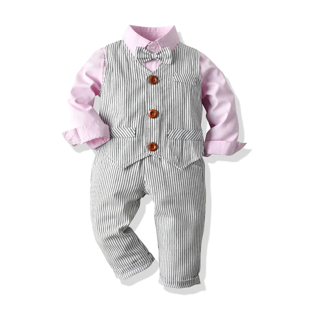 Traje de bebé niño, camisa blanca con corbata, chaleco a rayas, pantalón de tres piezas, primavera y otoño.