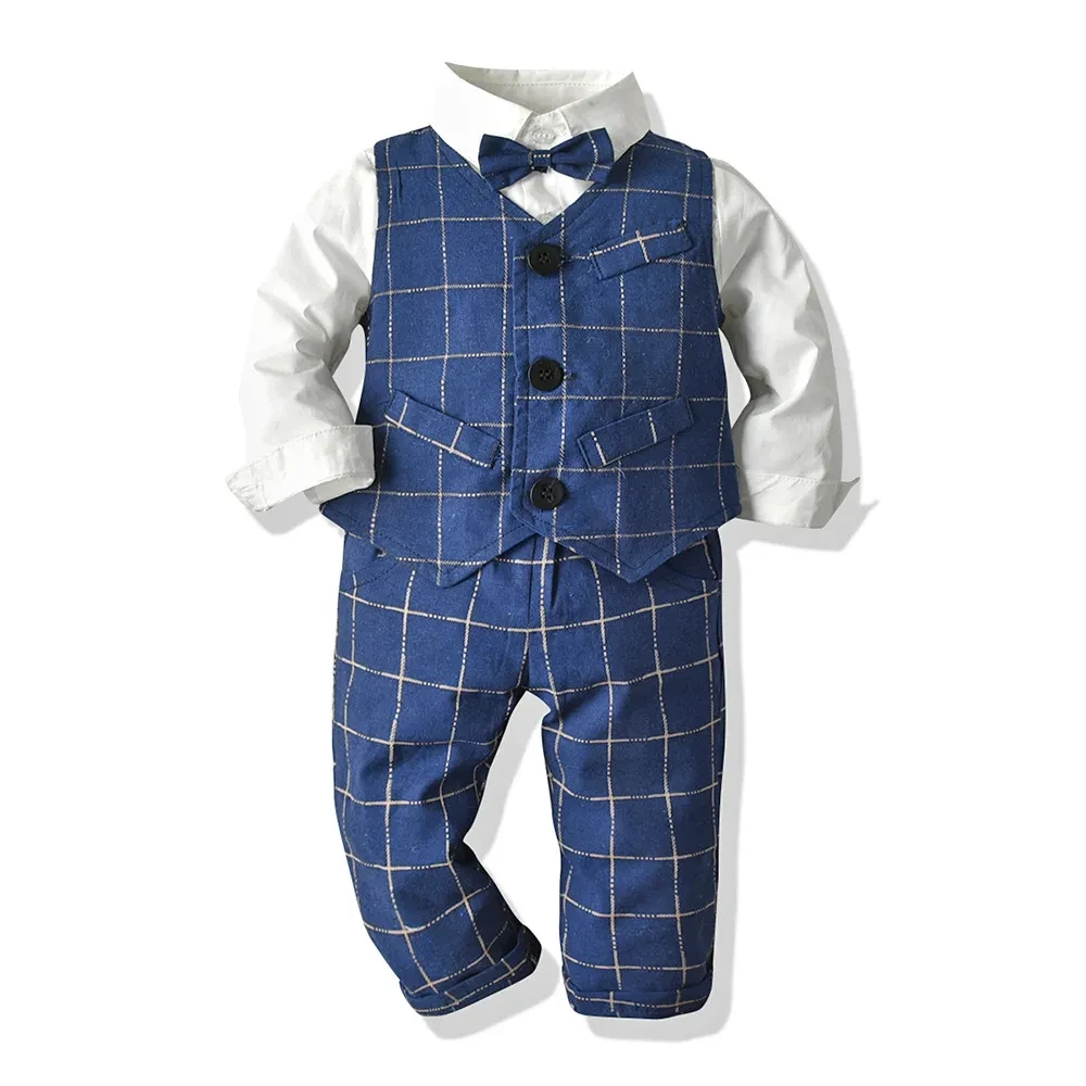 Traje de bebé niño, camisa blanca con corbata, chaleco a rayas, pantalón de tres piezas, primavera y otoño.