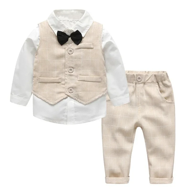 Traje de bebé niño, camisa blanca con corbata, chaleco a rayas, pantalón de tres piezas, primavera y otoño.