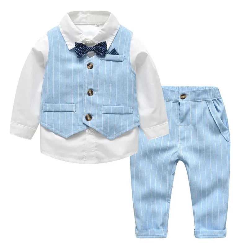 Traje de bebé niño, camisa blanca con corbata, chaleco a rayas, pantalón de tres piezas, primavera y otoño.