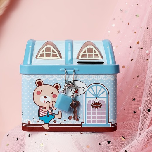 Alcancía de hojalata con forma de casa