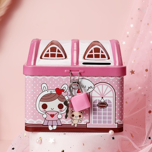 Alcancía de hojalata con forma de casa