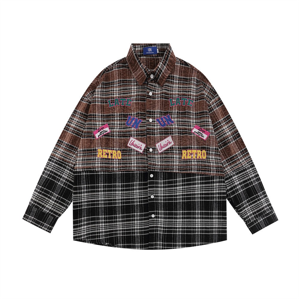 Abrigo a cuadros para mujer, primavera y otoño, diseño moderno de calle, costuras, letras bordadas, camisa de manga larga