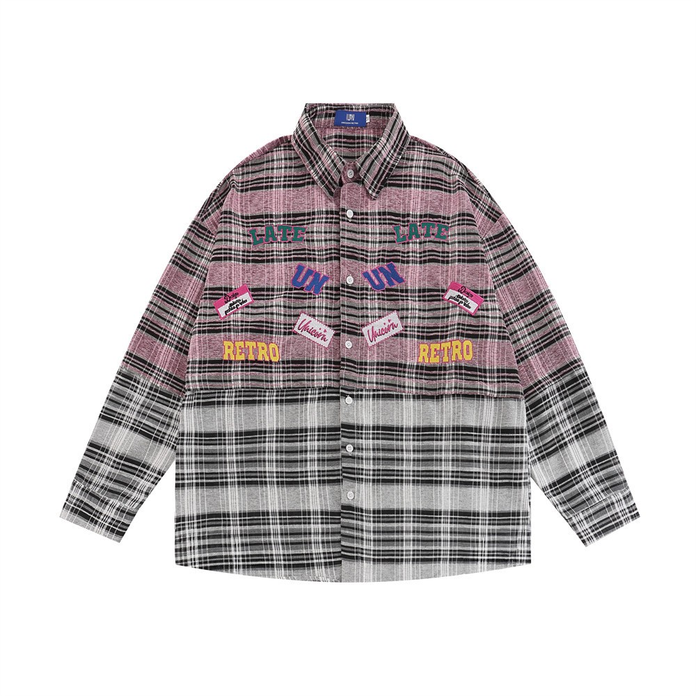 Abrigo a cuadros para mujer, primavera y otoño, diseño moderno de calle, costuras, letras bordadas, camisa de manga larga