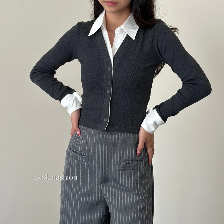 Top ASOKA Moza 3141 - Cárdigan ajustado de manga larga - Top corto de dos piezas - Tops casuales para mujer