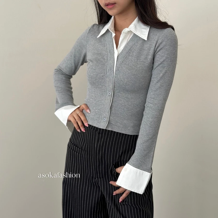 Top ASOKA Moza 3141 - Cárdigan ajustado de manga larga - Top corto de dos piezas - Tops casuales para mujer